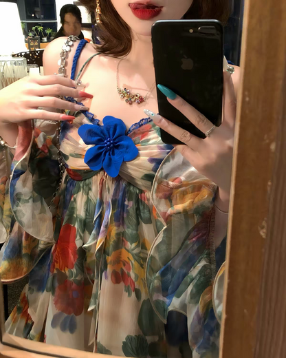 Chic Blue Floral Off Shoulder Long Flare Sleeve A Line Short Homecoming Dress Birthday Dress AS3393