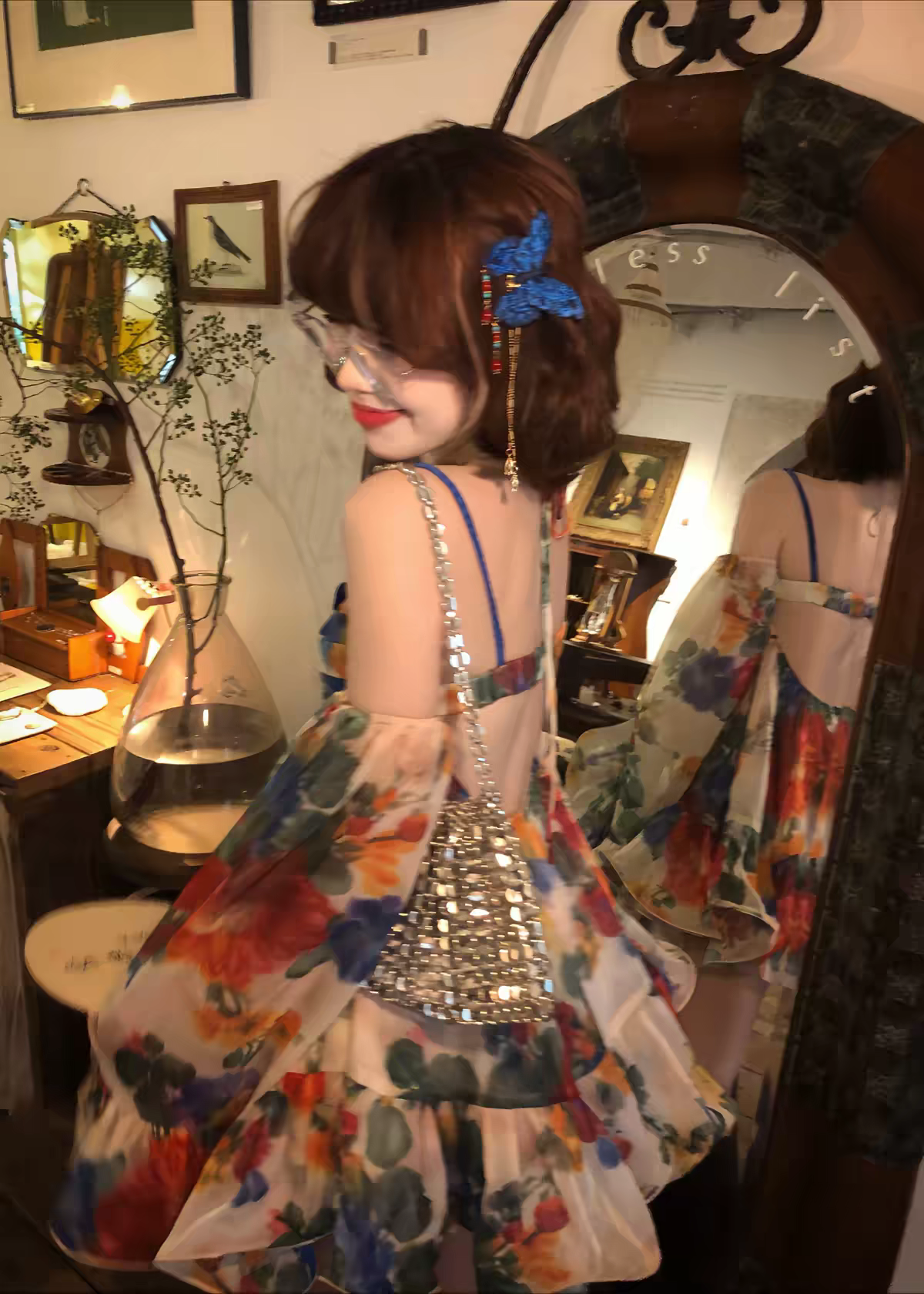 Chic Blue Floral Off Shoulder Long Flare Sleeve A Line Short Homecoming Dress Birthday Dress AS3393