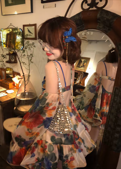 Chic Blue Floral Off Shoulder Long Flare Sleeve A Line Short Homecoming Dress Birthday Dress AS3393