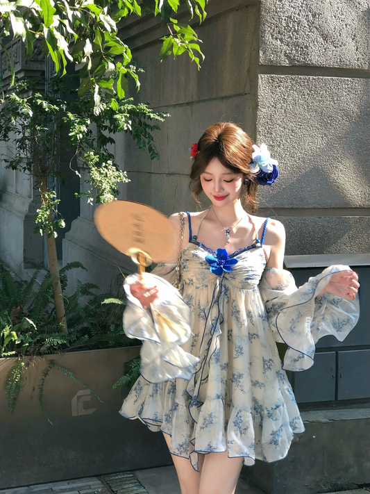 Chic Blue Floral Off Shoulder Long Flare Sleeve A Line Short Homecoming Dress Birthday Dress AS3393