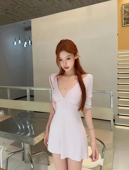 Soft Light Pink V-Neck Half Sleeve A Line Short Homecoming Dress Birthday Dress AS3394