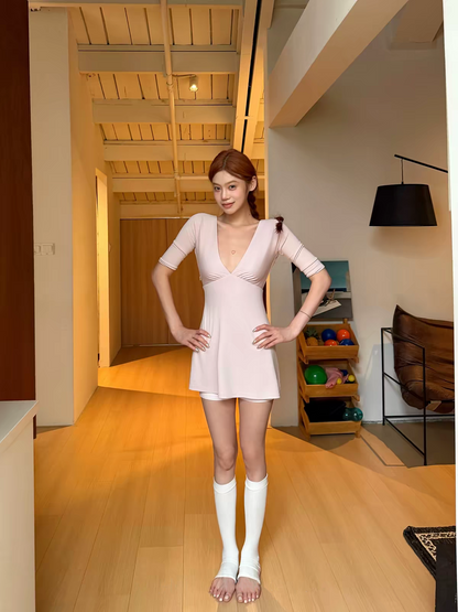 Soft Light Pink V-Neck Half Sleeve A Line Short Homecoming Dress Birthday Dress AS3394