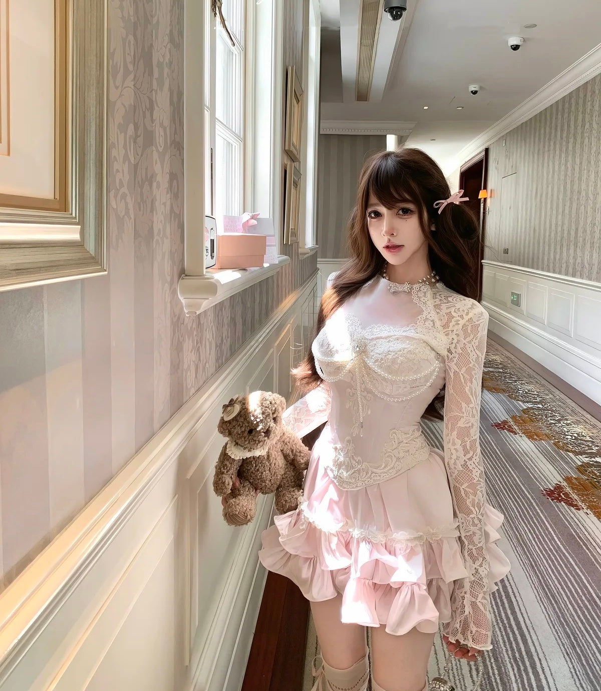 Romantic Pale Pink Strapless Sweetheart Lace Pearl Corset A Line Short Homecoming Dress Birthday Dress AS3395