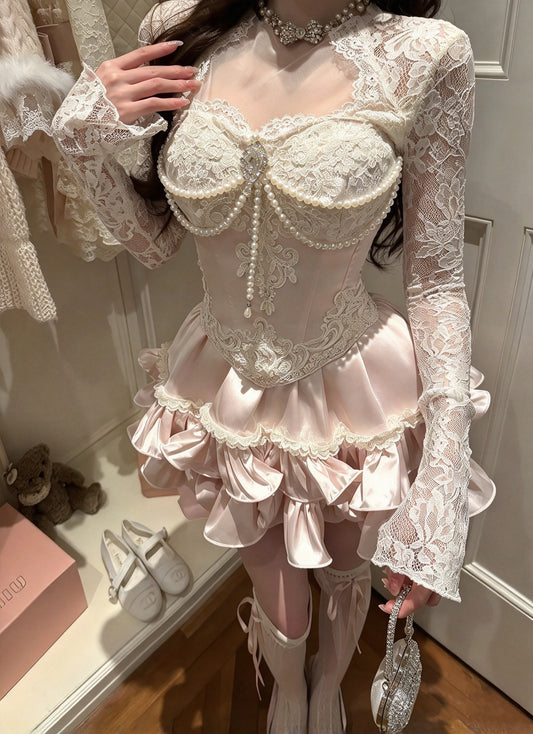 Romantic Pale Pink Strapless Sweetheart Lace Pearl Corset A Line Short Homecoming Dress Birthday Dress AS3395