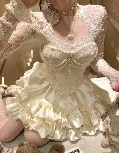 Romantic Pale Pink Strapless Sweetheart Lace Pearl Corset A Line Short Homecoming Dress Birthday Dress AS3395