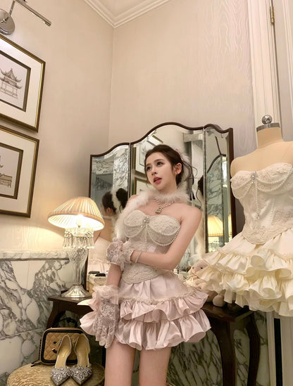 Romantic Pale Pink Strapless Sweetheart Lace Pearl Corset A Line Short Homecoming Dress Birthday Dress AS3395