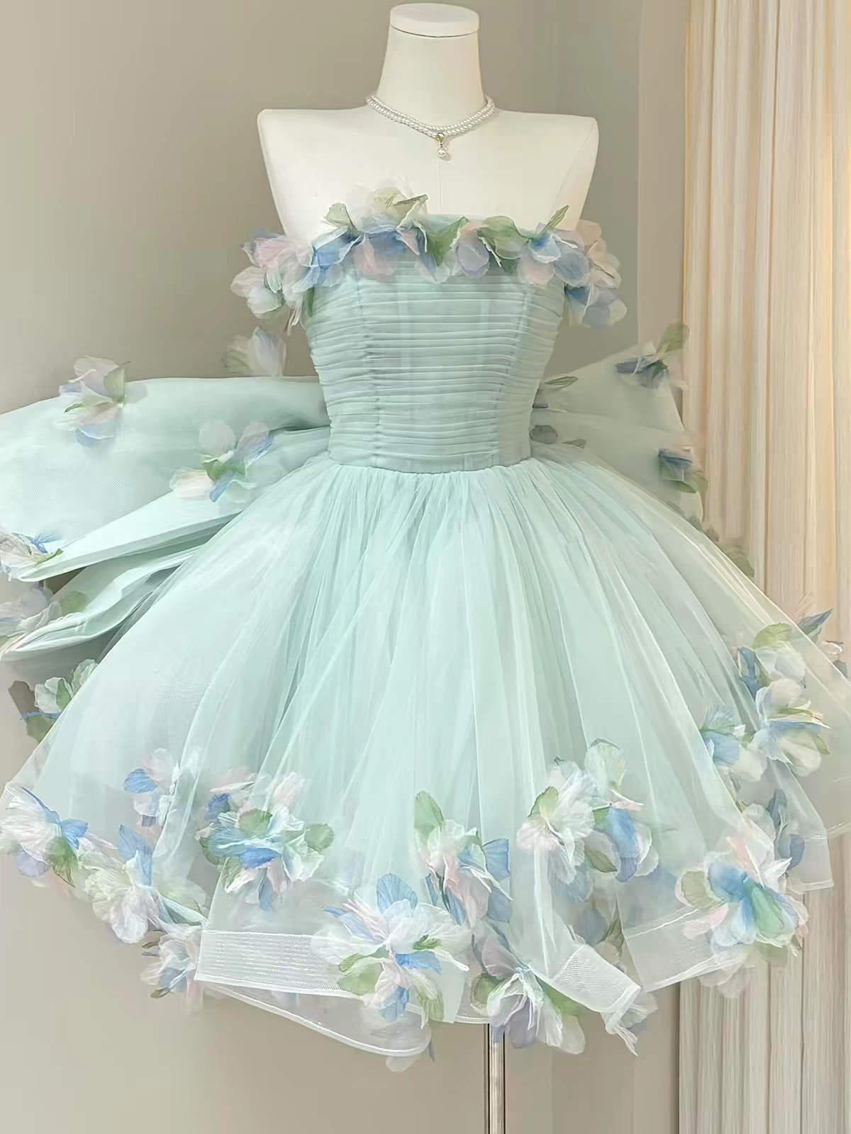 Dreamy Mint Strapless 3D Floral Tulle Big Bow A Line Short Homecoming Dress Birthday Dress AS3396