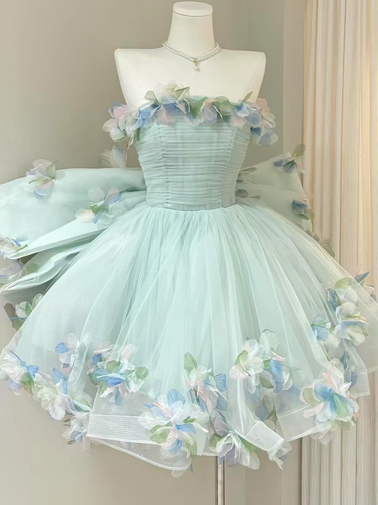 Dreamy Mint Strapless 3D Floral Tulle Big Bow A Line Short Homecoming Dress Birthday Dress AS3396