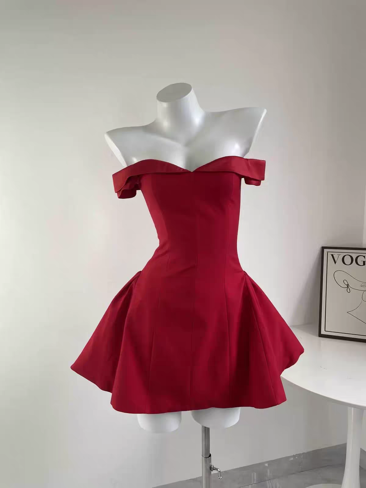 Chic Red Off Shoulder Satin A Line Short Homecoming Dress Birthday Dress AS3397