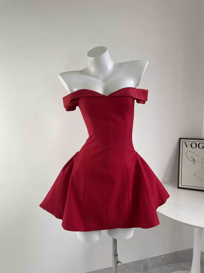 Chic Red Off Shoulder Satin A Line Short Homecoming Dress Birthday Dress AS3397