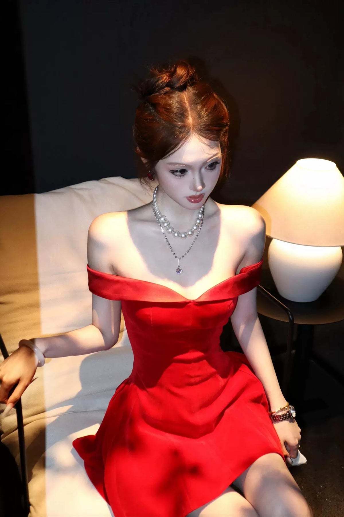 Chic Red Off Shoulder Satin A Line Short Homecoming Dress Birthday Dress AS3397