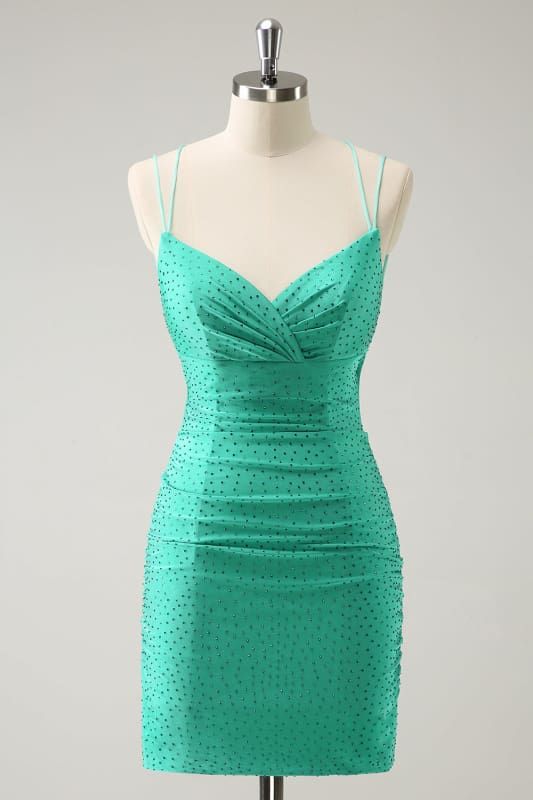 Sparkly Lavender Spaghetti Straps V-Neck Rhinestone Bodycon Short Homecoming Dress Birthday Dress AS3399