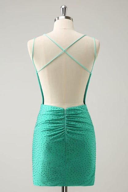 Sparkly Lavender Spaghetti Straps V-Neck Rhinestone Bodycon Short Homecoming Dress Birthday Dress AS3399