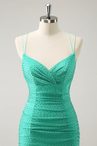 Sparkly Lavender Spaghetti Straps V-Neck Rhinestone Bodycon Short Homecoming Dress Birthday Dress AS3399
