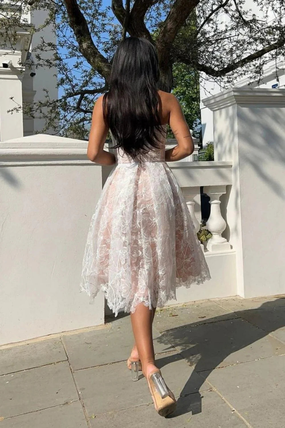 Elegant A-Line Strapless Lace Corset Homecoming Dress With Flowing Skirt AS340