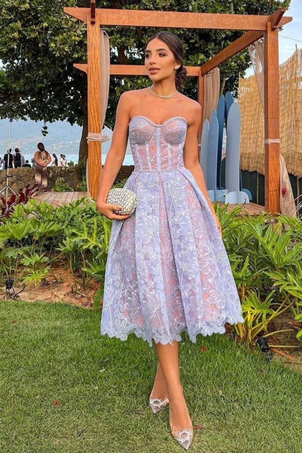 Elegant A-Line Strapless Lace Corset Homecoming Dress With Flowing Skirt AS340