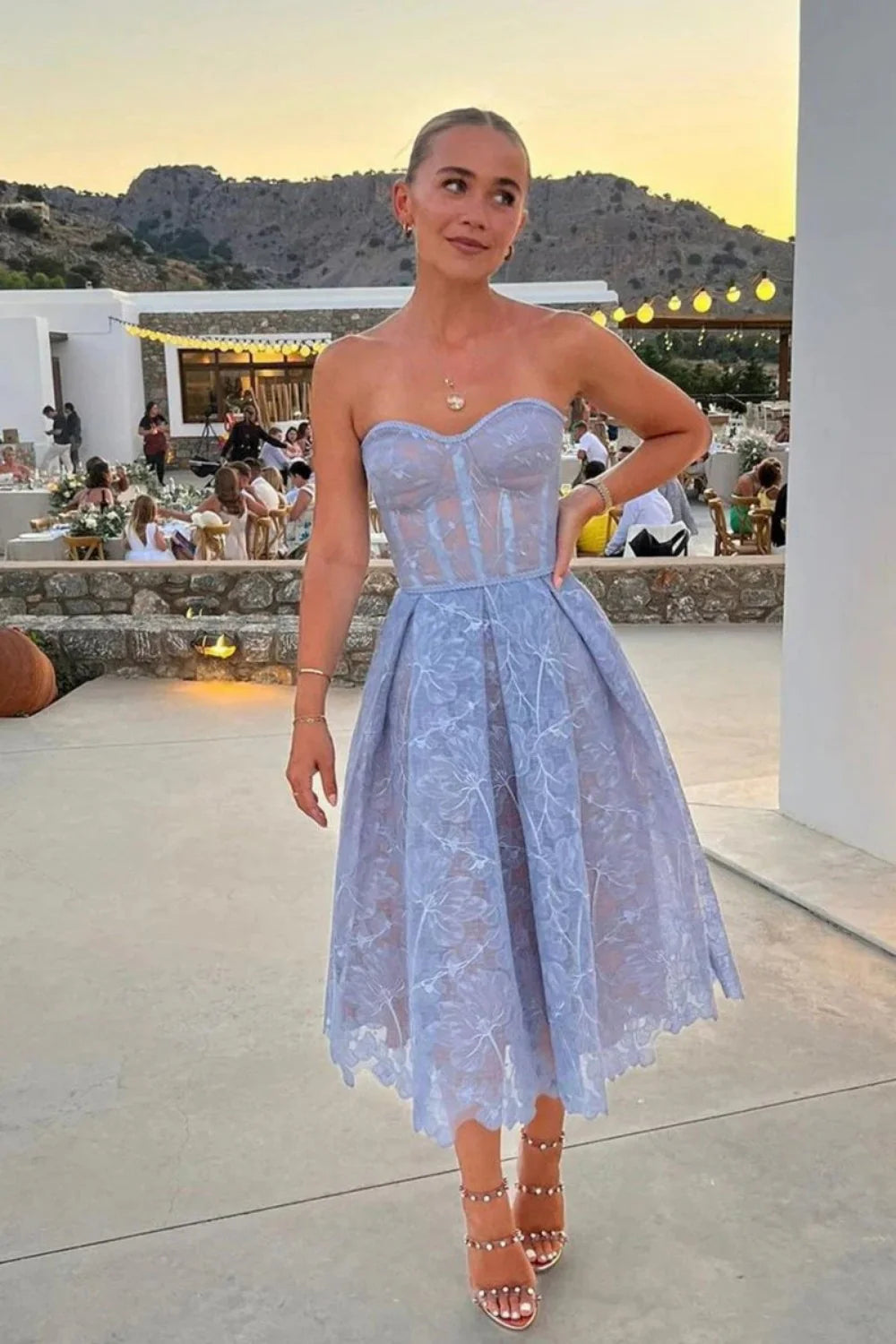 Elegant A-Line Strapless Lace Corset Homecoming Dress With Flowing Skirt AS340