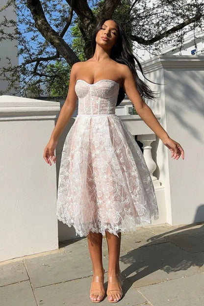 Elegant A-Line Strapless Lace Corset Homecoming Dress With Flowing Skirt AS340