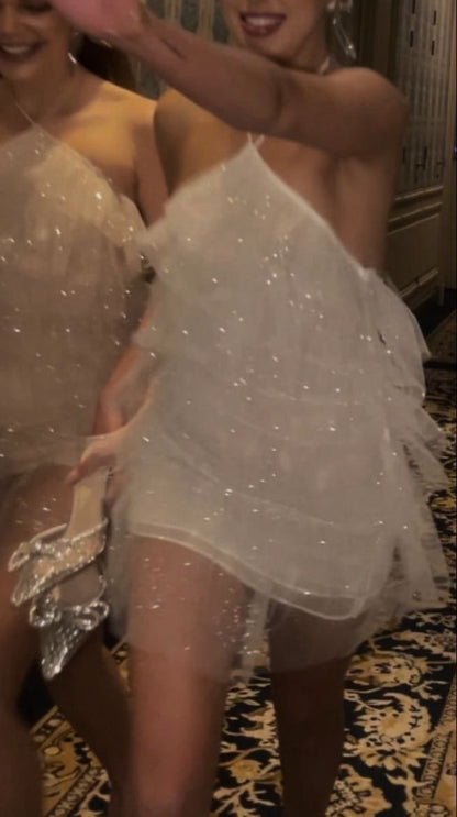 Ethereal White Halter Sparkly Tulle A Line Short Homecoming Dress Birthday Dress AS3401