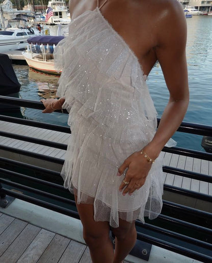 Ethereal White Halter Sparkly Tulle A Line Short Homecoming Dress Birthday Dress AS3401