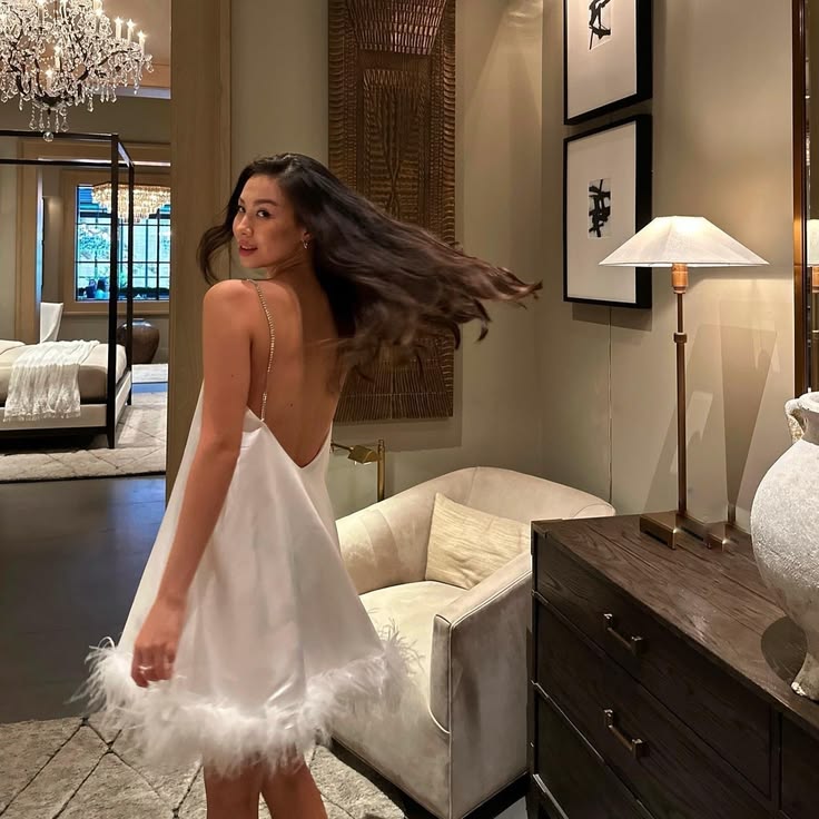 Glam White Spaghetti Straps Satin Feather Hem A Line Short Homecoming Dress Birthday Dress AS3403