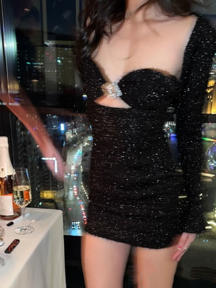 Glitter Black Sweetheart Long Sleeve Cutout Rhinestone Bodycon Short Homecoming Dress Birthday Dress AS3405