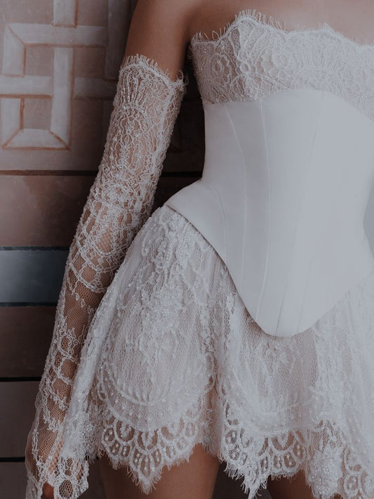 Romantic Ivory Strapless Lace Satin Corset Sequin A Line Short Homecoming Dress Birthday Dress AS3410
