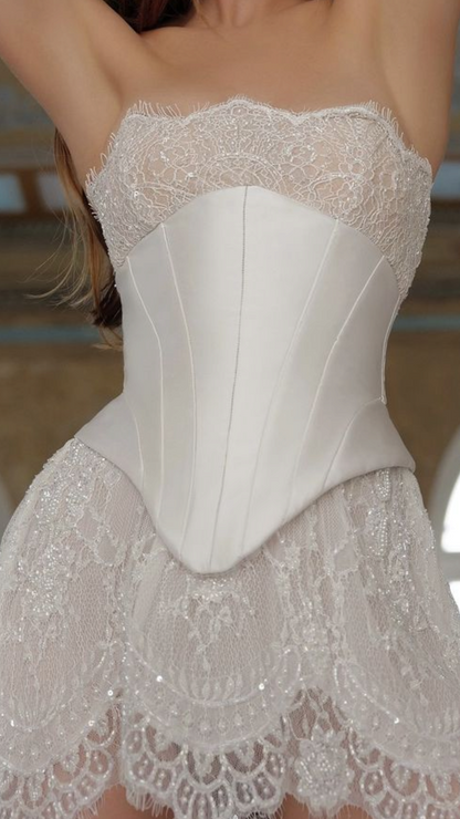 Romantic Ivory Strapless Lace Satin Corset Sequin A Line Short Homecoming Dress Birthday Dress AS3410