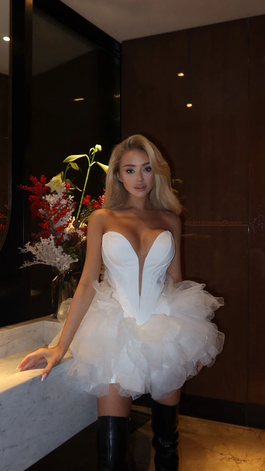 Chic White Strapless Deep V Voluminous A Line Short Homecoming Dress Birthday Dress AS3411