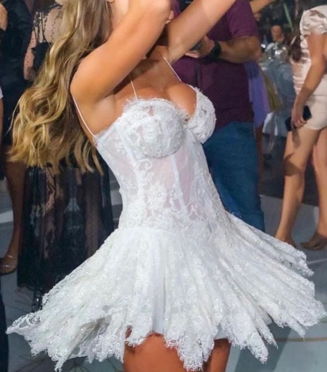 Romantic White Spaghetti Straps Sweetheart Lace Corset A Line Short Homecoming Dress Birthday Dress AS3412