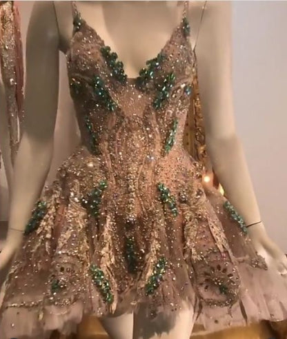 Stunning Nude V-Neck Spaghetti Straps Green Beaded Sequin A Line Short Homecoming Dress Birthday Dress AS3413