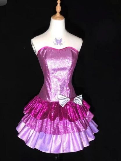 Sparkly Magenta Strapless Bow Glitter Tiered A Line Short Homecoming Dress Birthday Dress AS3415