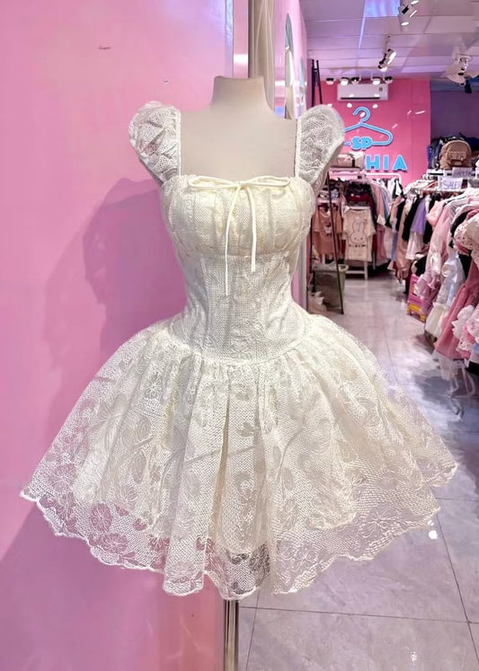 Sweet Ivory Square Neck Puff Cap Sleeve Bow Floral Lace A Line Short Homecoming Dress Birthday Dress AS3416