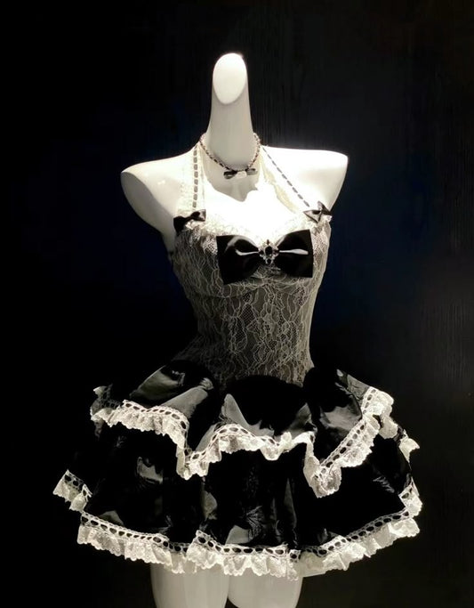 Chic Black White Lace Halter Bow A Line Short Homecoming Dress Birthday Dress AS3418