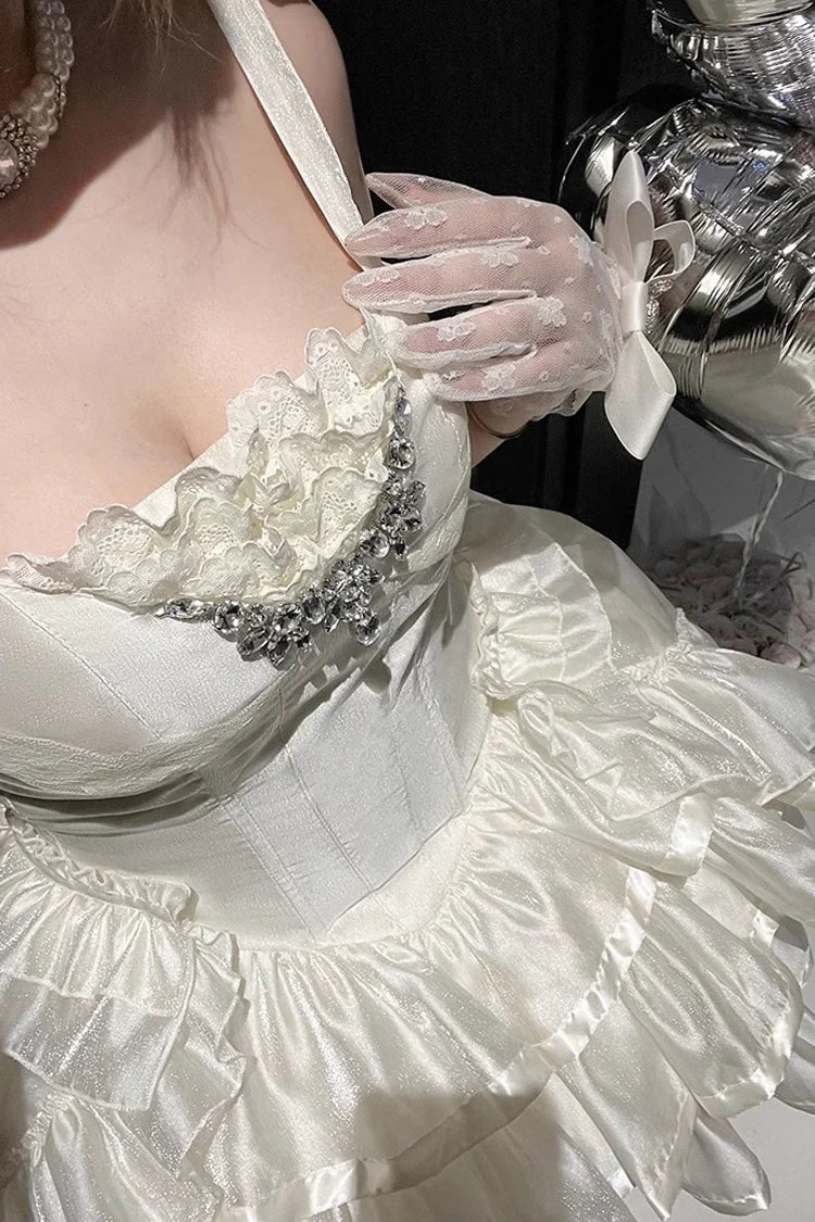 Elegant Cream Straps Bow Rhinestone Lace Corset A Line Short Homecoming Dress Birthday Dress AS3419