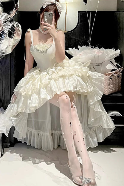 Elegant Cream Straps Bow Rhinestone Lace Corset A Line Short Homecoming Dress Birthday Dress AS3419