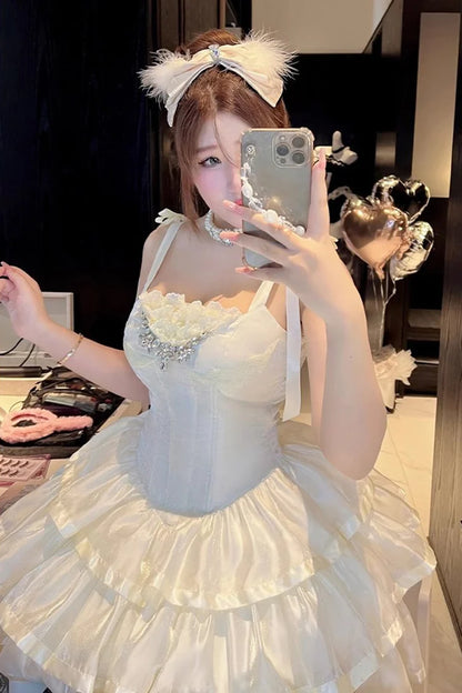 Elegant Cream Straps Bow Rhinestone Lace Corset A Line Short Homecoming Dress Birthday Dress AS3419