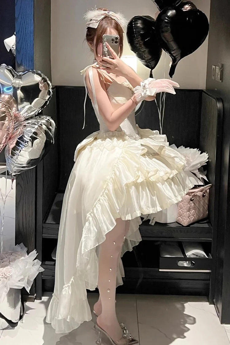 Elegant Cream Straps Bow Rhinestone Lace Corset A Line Short Homecoming Dress Birthday Dress AS3419