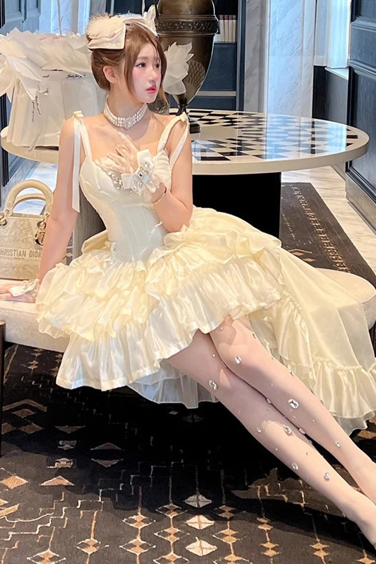 Elegant Cream Straps Bow Rhinestone Lace Corset A Line Short Homecoming Dress Birthday Dress AS3419