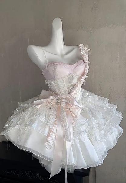 Romantic Pink White Spaghetti Straps Sweetheart Bow A Line Short Homecoming Dress Birthday Dress AS3420