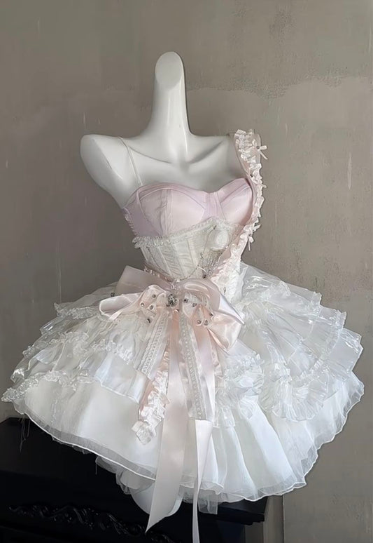 Romantic Pink White Spaghetti Straps Sweetheart Bow A Line Short Homecoming Dress Birthday Dress AS3420