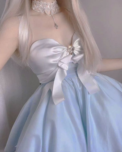 Sweet Blue Strapless Sweetheart Bow A Line Short Homecoming Dress Birthday Dress AS3421