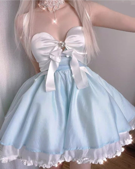 Sweet Blue Strapless Sweetheart Bow A Line Short Homecoming Dress Birthday Dress AS3421