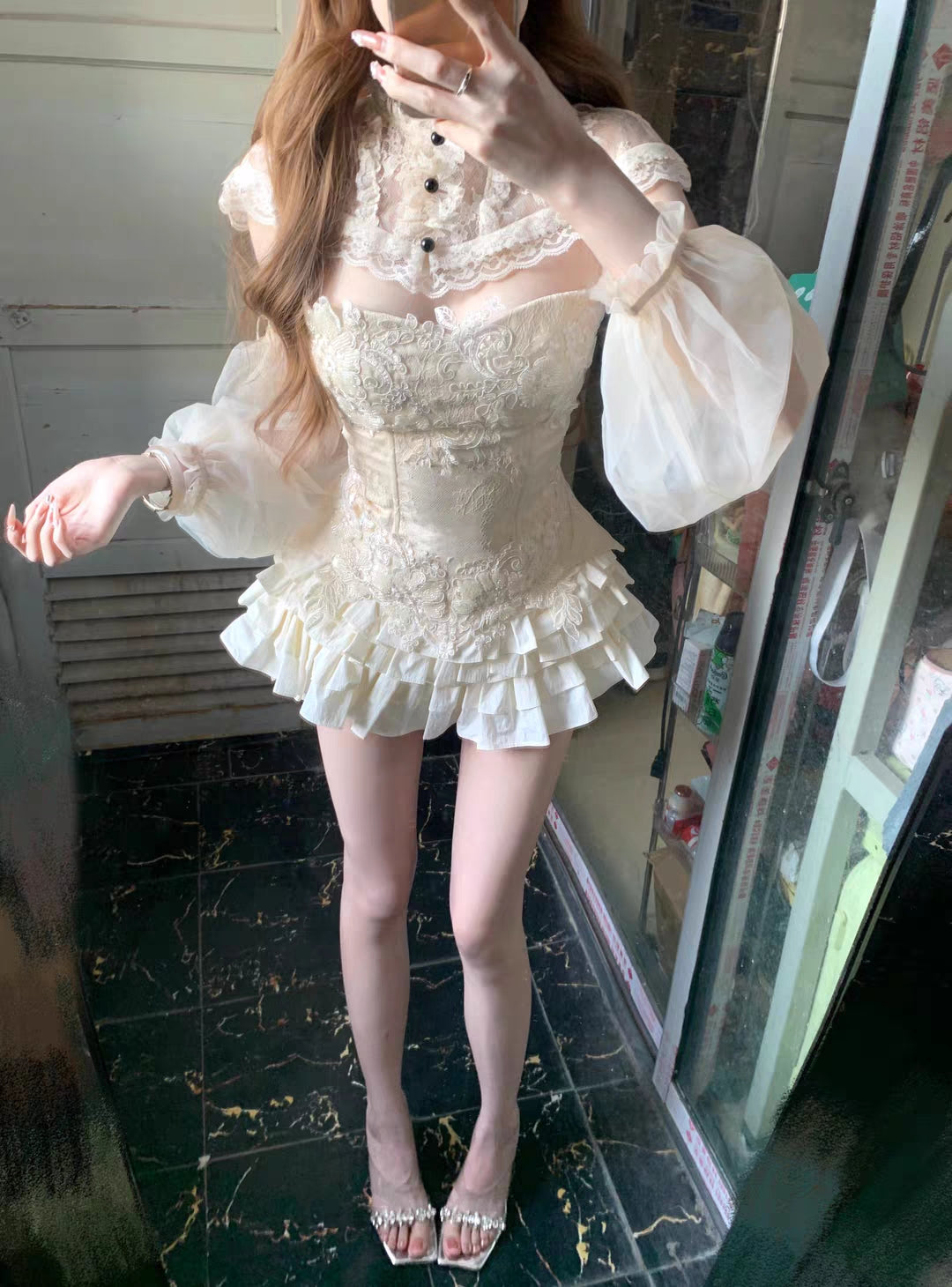 Glam Cream Strapless Sweetheart Lace Appliques Sequin Corset Detachable Sleeve A Line Short Homecoming Dress Birthday Dress AS3422