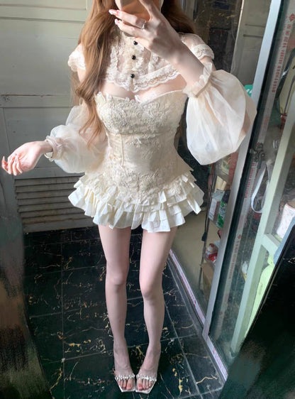 Glam Cream Strapless Sweetheart Lace Appliques Sequin Corset Detachable Sleeve A Line Short Homecoming Dress Birthday Dress AS3422