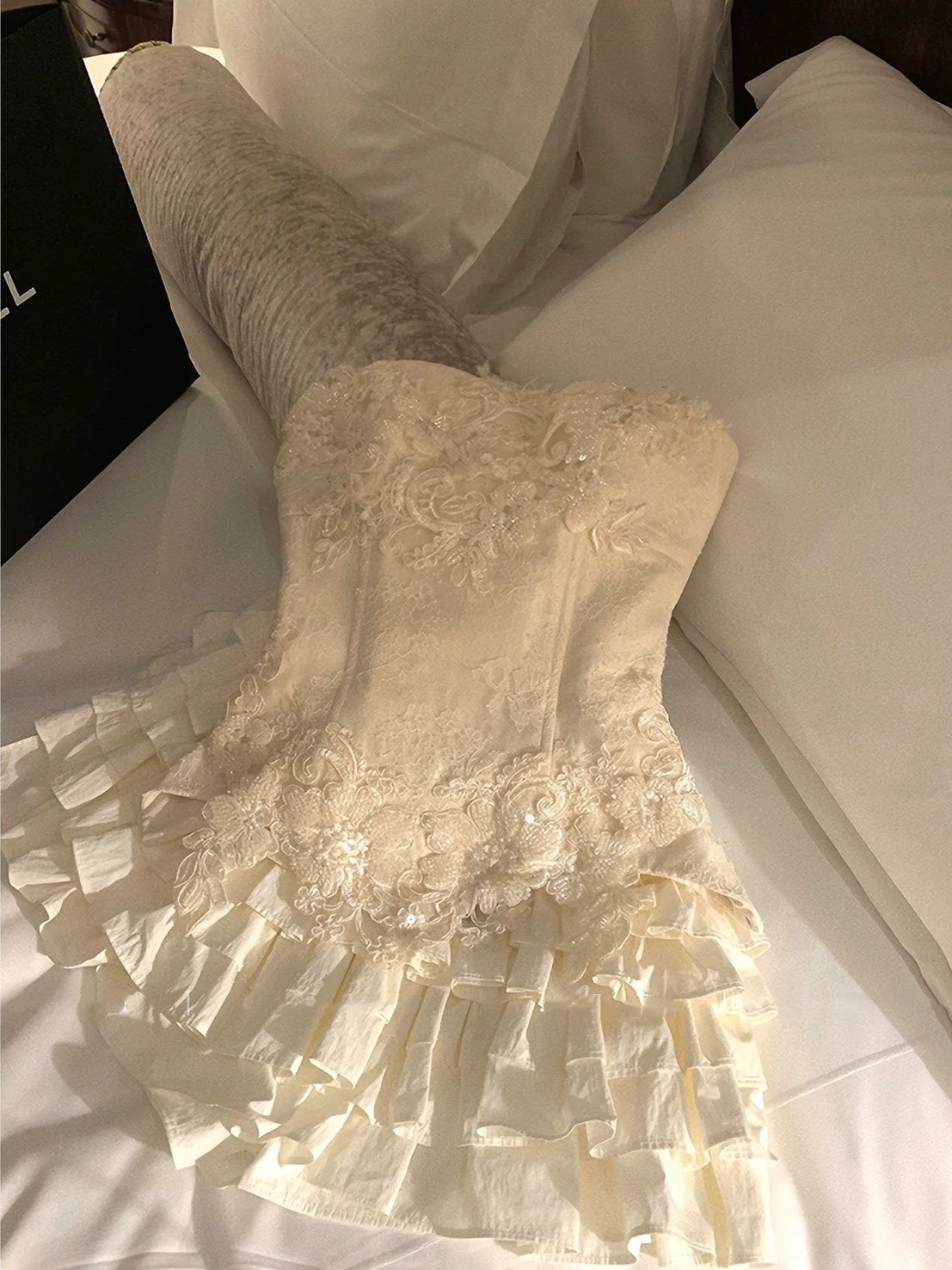 Glam Cream Strapless Sweetheart Lace Appliques Sequin Corset Detachable Sleeve A Line Short Homecoming Dress Birthday Dress AS3422