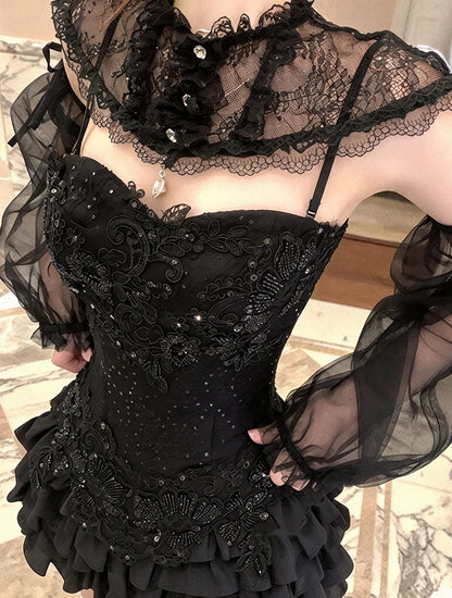 Glam Cream Strapless Sweetheart Lace Appliques Sequin Corset Detachable Sleeve A Line Short Homecoming Dress Birthday Dress AS3422