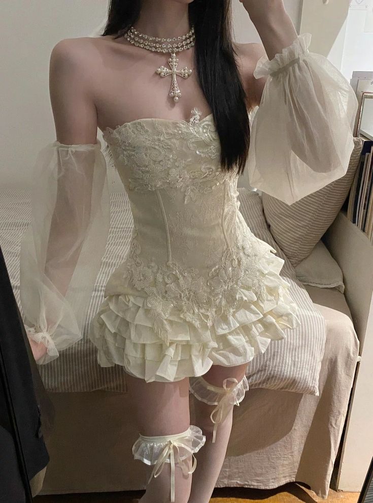 Glam Cream Strapless Sweetheart Lace Appliques Sequin Corset Detachable Sleeve A Line Short Homecoming Dress Birthday Dress AS3422