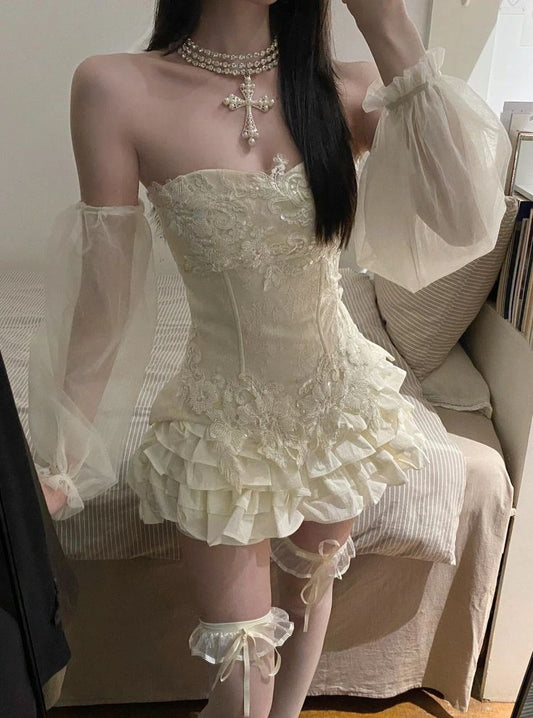 Glam Cream Strapless Sweetheart Lace Appliques Sequin Corset Detachable Sleeve A Line Short Homecoming Dress Birthday Dress AS3422