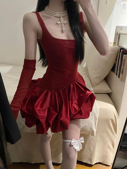 Chic Red Square Neck Strap Bubble Ruffle A Line Short Homecoming Dress Birthday Dress AS3423